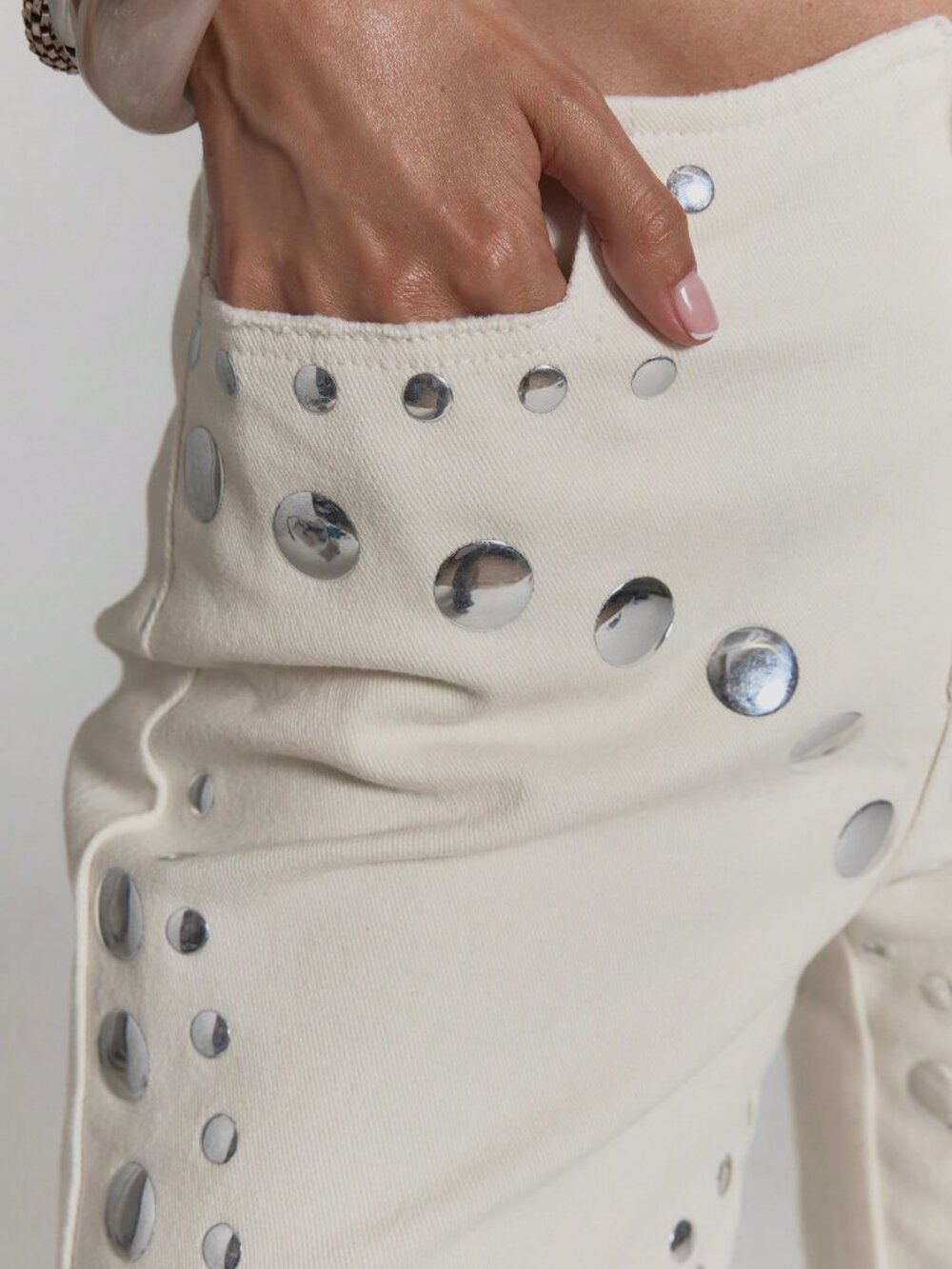 White Sexy Women's Denim Studded Flared Fitted Low Rise Jeans - Picture 5 of 5